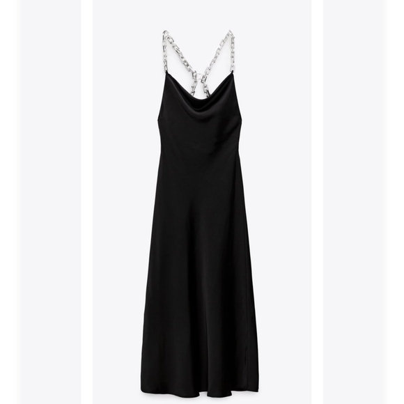 Zara * Chain Strap Satin Effect Slip Midi Dress Black - Picture 9 of 16